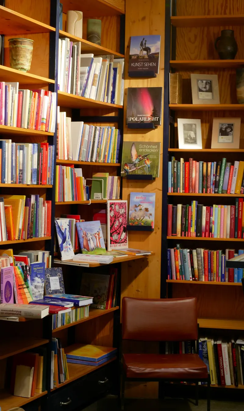 Hautes bibliothèques remplies de livres d’art et d’ouvrages spécialisés, devant un fauteuil en cuir